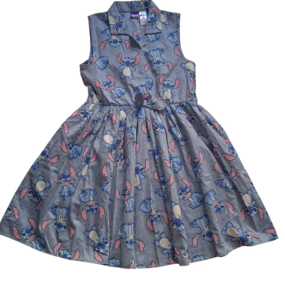 Disney Blue and Pink Stitch Pleated Sundress with Notched Collar